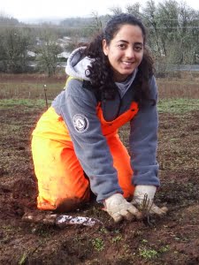 Britney Hernandez planting toughleaf iris at Lupine Meadows