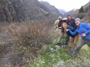 The crew was very excited to see a mature Bartonberry across the river in Idaho! [photographed from left to right: Meaghan Petix, Leanna Van Slambrook, Emily Wittkope, and Rachel Zitomer]