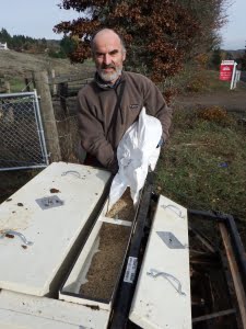 Peter Moore adding seed to the drill hopper