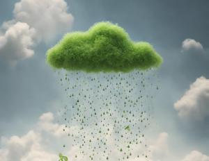 A cloud with seedlings growing on it and raining from it.